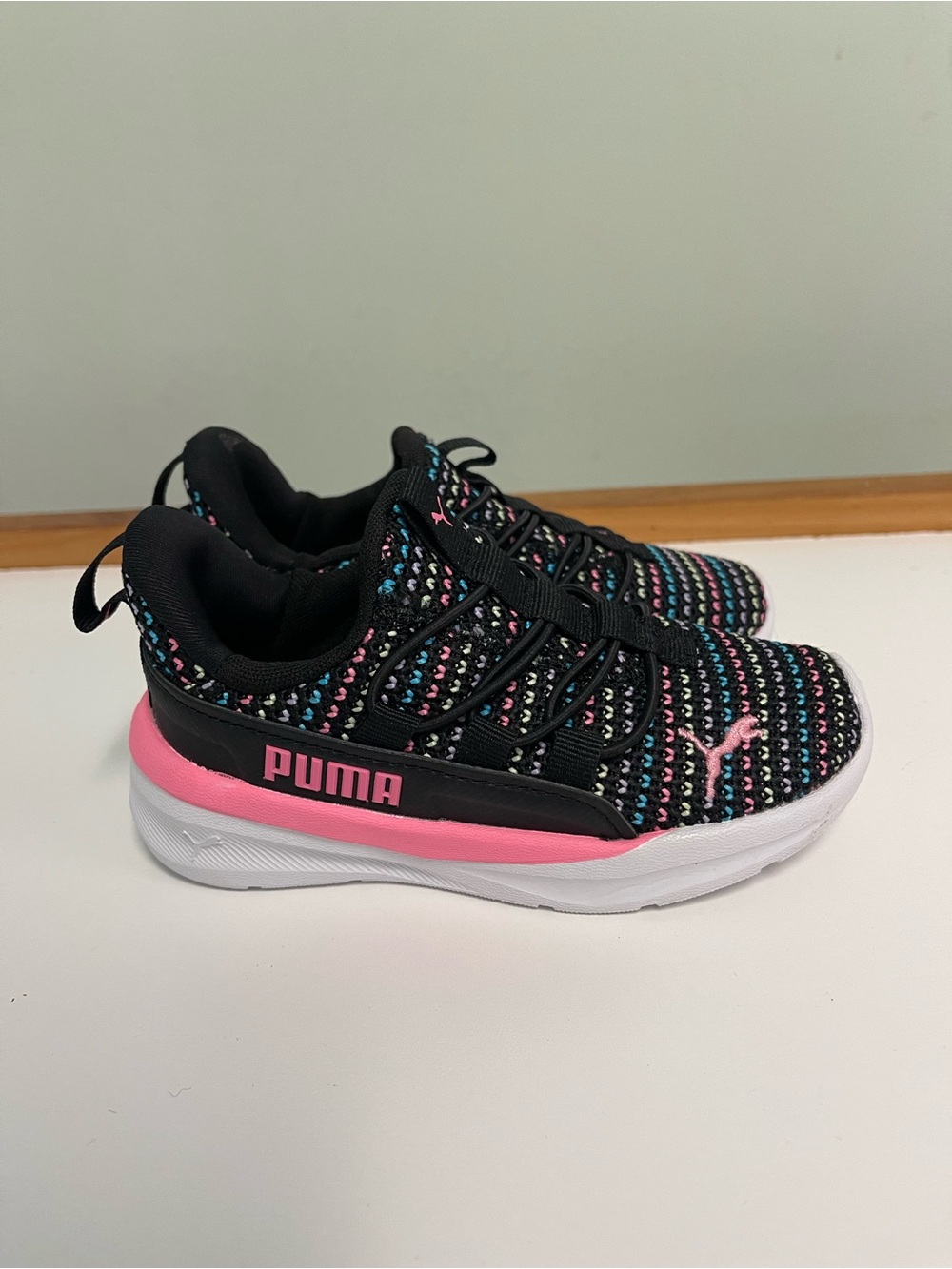 Puma Kids Black Knit Sneakers with Pink and Blue Accents